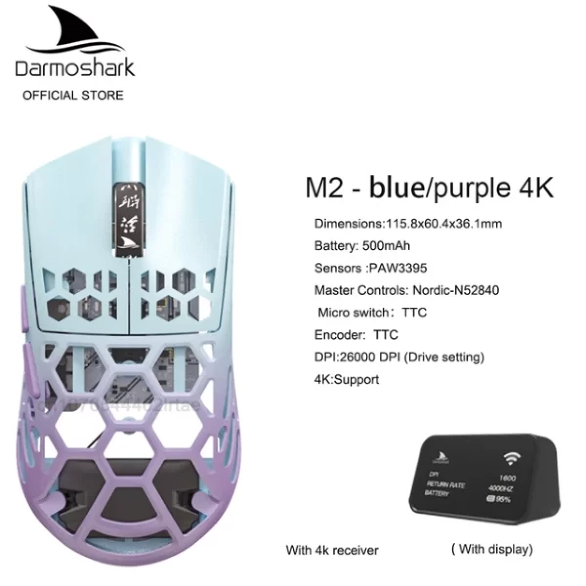 Chuột Darmoshark M2 Red Chain/ Fairy Violet | Không dây - 4KHz - PAW3395