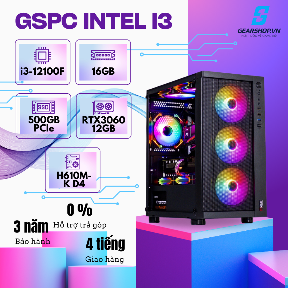 GSPC Intel I3 | i3 12100F - RTX 3060 - 16GB - 500GB